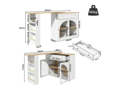 Móvel bar extensível - 138-204 x 39 x 104 cm - Mesa de jantar giratória 360° - com 2 portas + 1 gaveta - MDF - branco