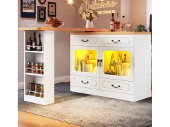 Móvel bar extensível - 135/203 x 39 x 92,8 cm - mesa giratória com LEDs + 4 gavetas - MDF - branco