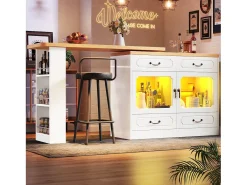 Móvel bar extensível - 135/203 x 39 x 92,8 cm - mesa giratória com LEDs + 4 gavetas - MDF - branco