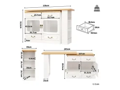 Móvel bar extensível - 135/203 x 39 x 92,8 cm - mesa giratória com LEDs + 4 gavetas - MDF - branco
