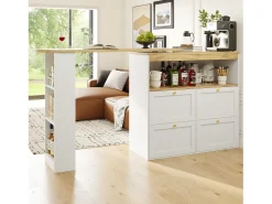 Móvel bar giratório 360° - 204 x 39 x 104 cm - com 4 gavetas + prateleiras abertas - MDF - branco