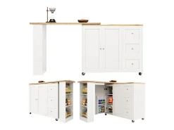 Móvel bar giratório - 2 portas, 2 gavetas e prateleiras de arrumação - 138/209 x 39 x 104 cm - Madeira MDF e vidro - Branco + natural