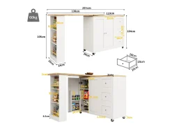 Móvel bar giratório - 2 portas, 2 gavetas e prateleiras de arrumação - 138/209 x 39 x 104 cm - Madeira MDF e vidro - Branco + natural