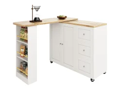 Móvel bar giratório - 2 portas, 2 gavetas e prateleiras de arrumação - 138/209 x 39 x 104 cm - Madeira MDF e vidro - Branco + natural