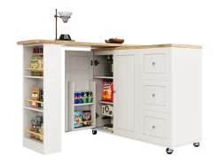 Móvel bar giratório - 2 portas, 2 gavetas e prateleiras de arrumação - 138/209 x 39 x 104 cm - Madeira MDF e vidro - Branco + natural