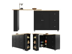 Móvel bar giratório - 2 portas, 2 gavetas e prateleiras de arrumação - 138/209 x 39 x 104 cm - Madeira MDF e vidro - Preto + natural