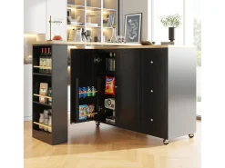 Móvel bar giratório - 2 portas, 2 gavetas e prateleiras de arrumação - 138/209 x 39 x 104 cm - Madeira MDF e vidro - Preto + natural