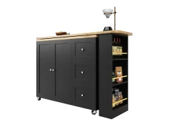 Móvel bar giratório - 2 portas, 2 gavetas e prateleiras de arrumação - 138/209 x 39 x 104 cm - Madeira MDF e vidro - Preto + natural