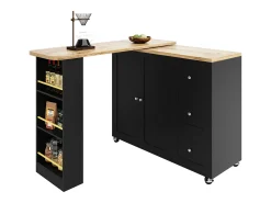 Móvel bar giratório - 2 portas, 2 gavetas e prateleiras de arrumação - 138/209 x 39 x 104 cm - Madeira MDF e vidro - Preto + natural