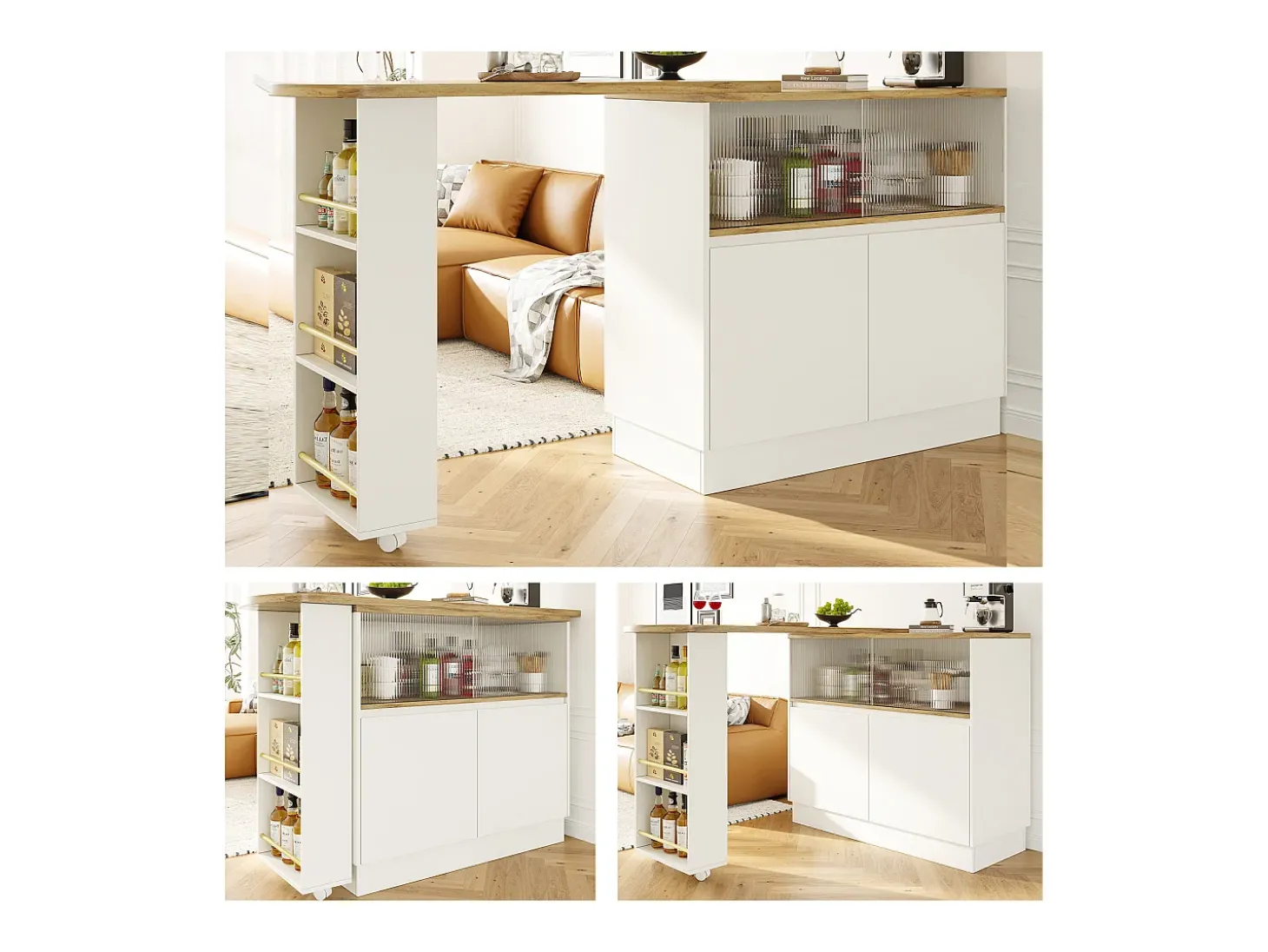 Móvel bar giratório - 120 x 90 x 103 cm - com prateleiras e vidro + 4 portas - MDF - branco