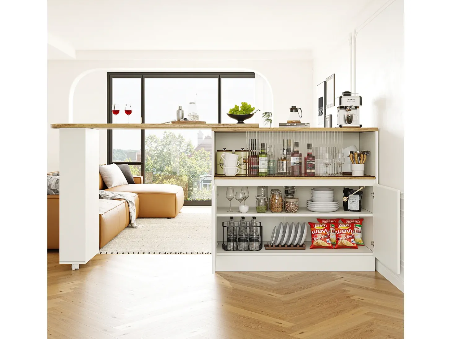 Móvel bar giratório - 120 x 90 x 103 cm - com prateleiras e vidro + 4 portas - MDF - branco