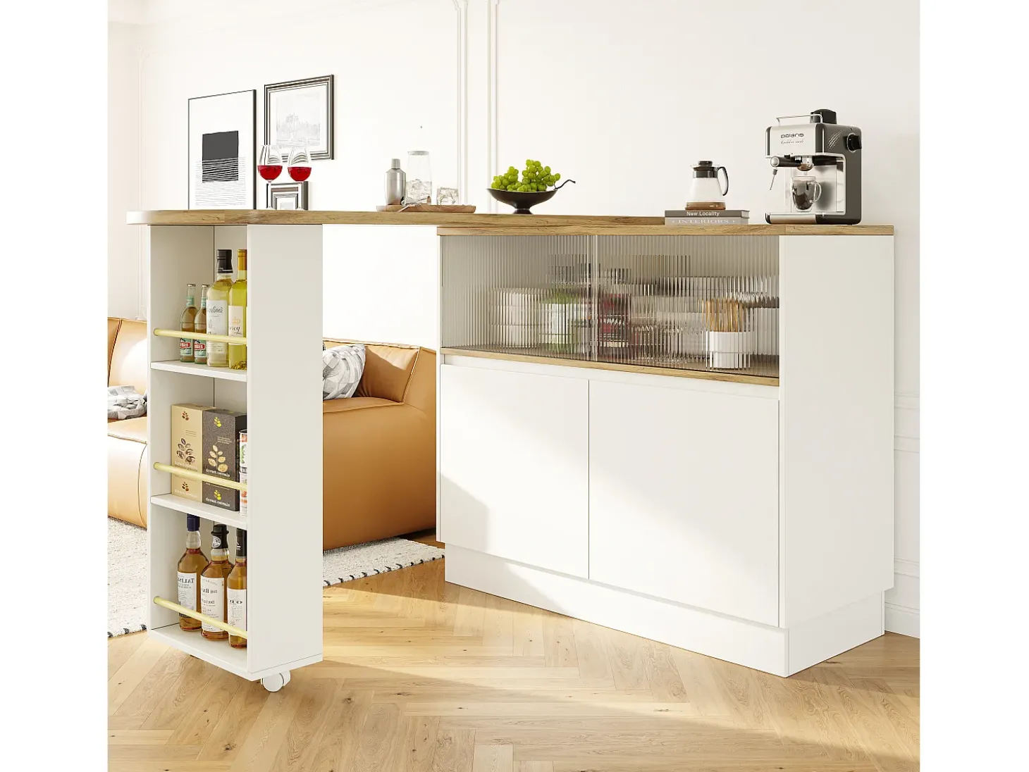 Móvel bar giratório - 120 x 90 x 103 cm - com prateleiras e vidro + 4 portas - MDF - branco