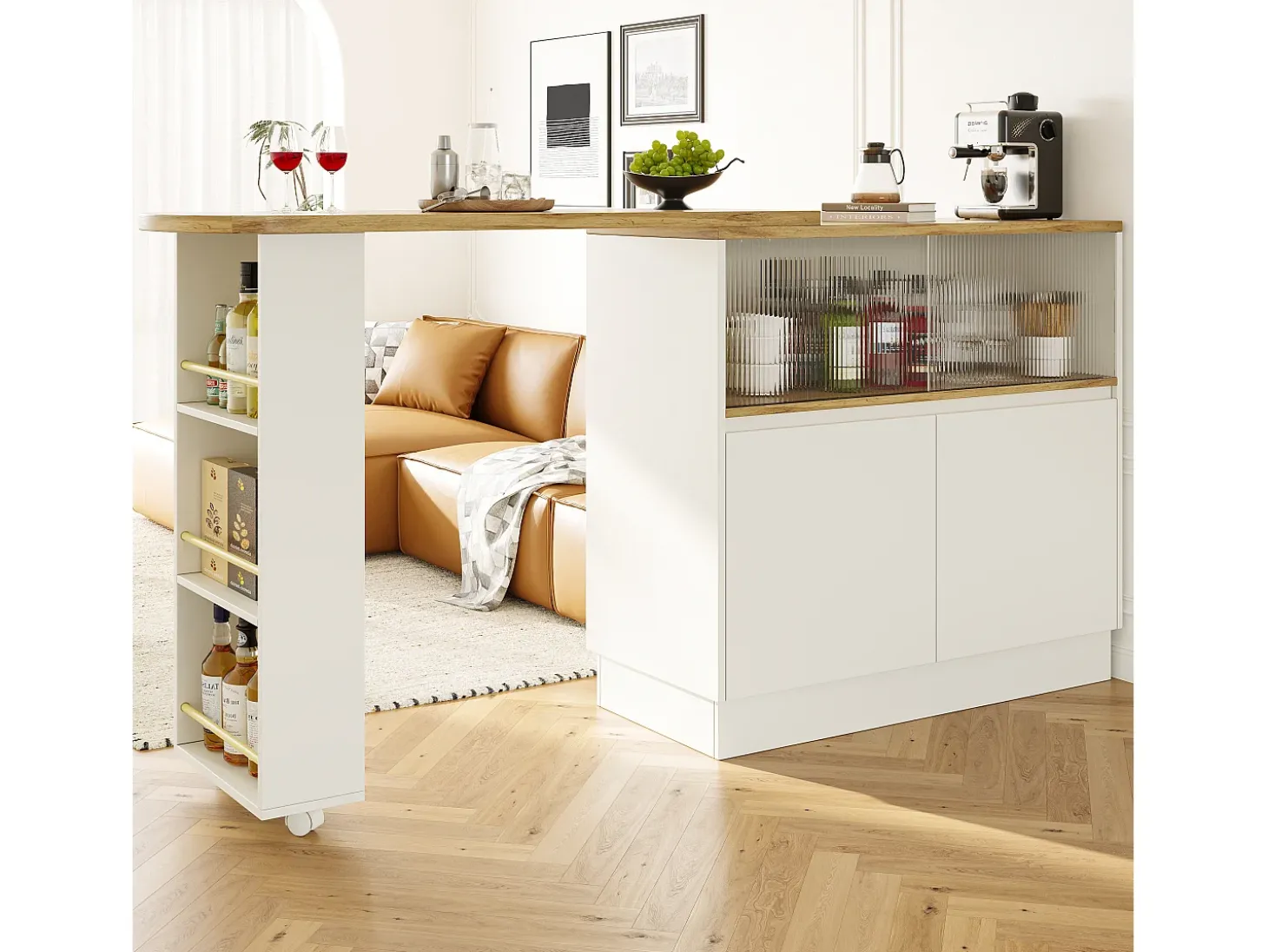 Móvel bar giratório - 120 x 90 x 103 cm - com prateleiras e vidro + 4 portas - MDF - branco