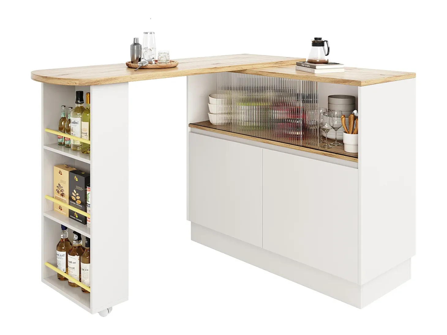 Móvel bar giratório - 120 x 90 x 103 cm - com prateleiras e vidro + 4 portas - MDF - branco