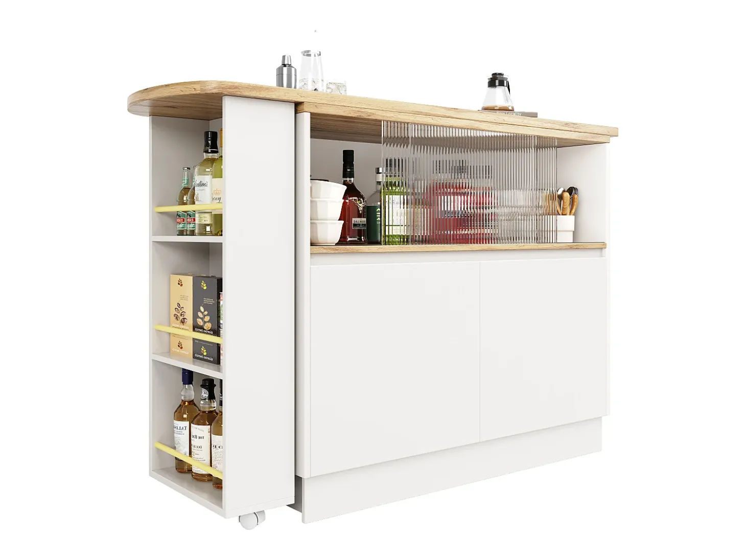 Móvel bar giratório - 120 x 90 x 103 cm - com prateleiras e vidro + 4 portas - MDF - branco
