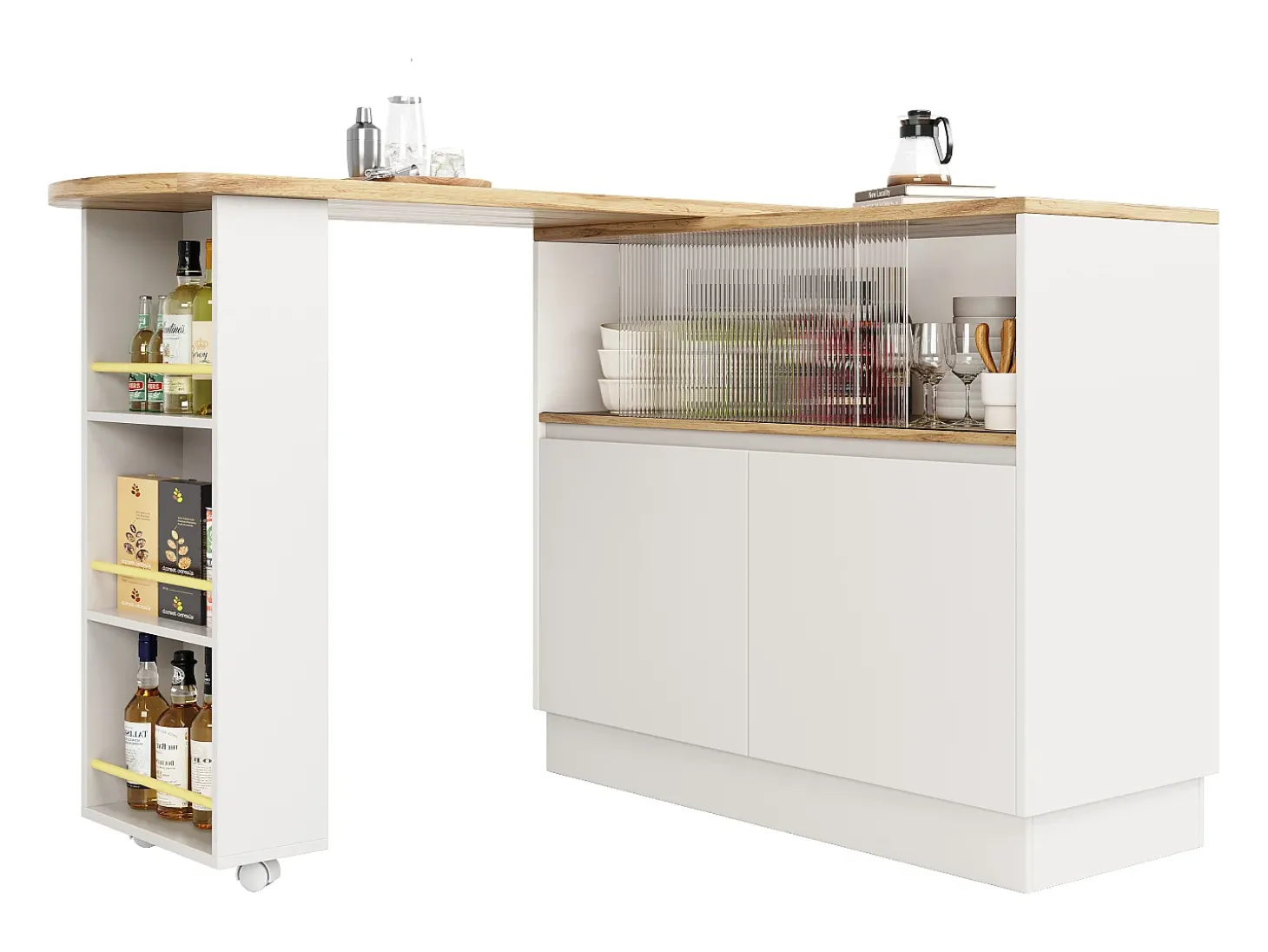 Móvel bar giratório - 120 x 90 x 103 cm - com prateleiras e vidro + 4 portas - MDF - branco