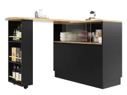 Móvel bar giratório - 120 x 90 x 103 cm - com prateleiras e vidro + 4 portas - MDF - preto
