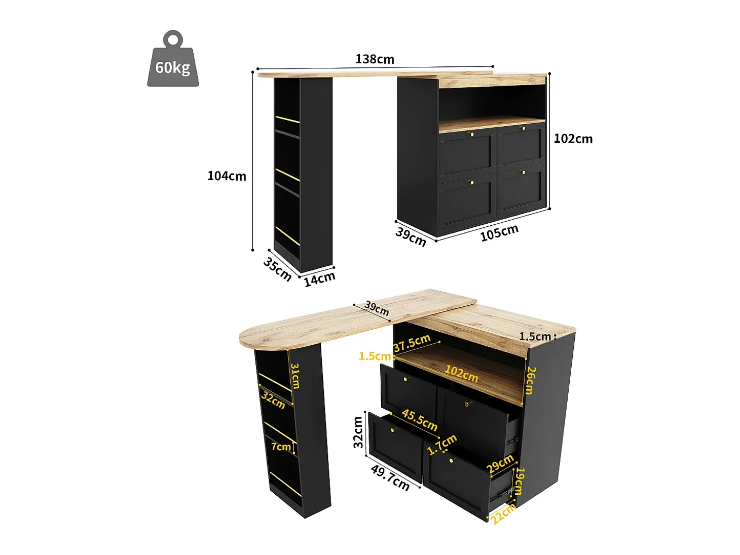 Móvel bar giratório com 4 gavetas e 1 nicho, corpo preto com tampo em folheado de madeira - 138x39x104cm