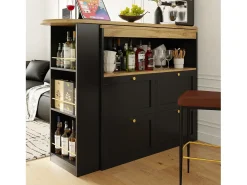 Móvel bar giratório com 4 gavetas e 1 nicho, corpo preto com tampo em folheado de madeira - 138x39x104cm