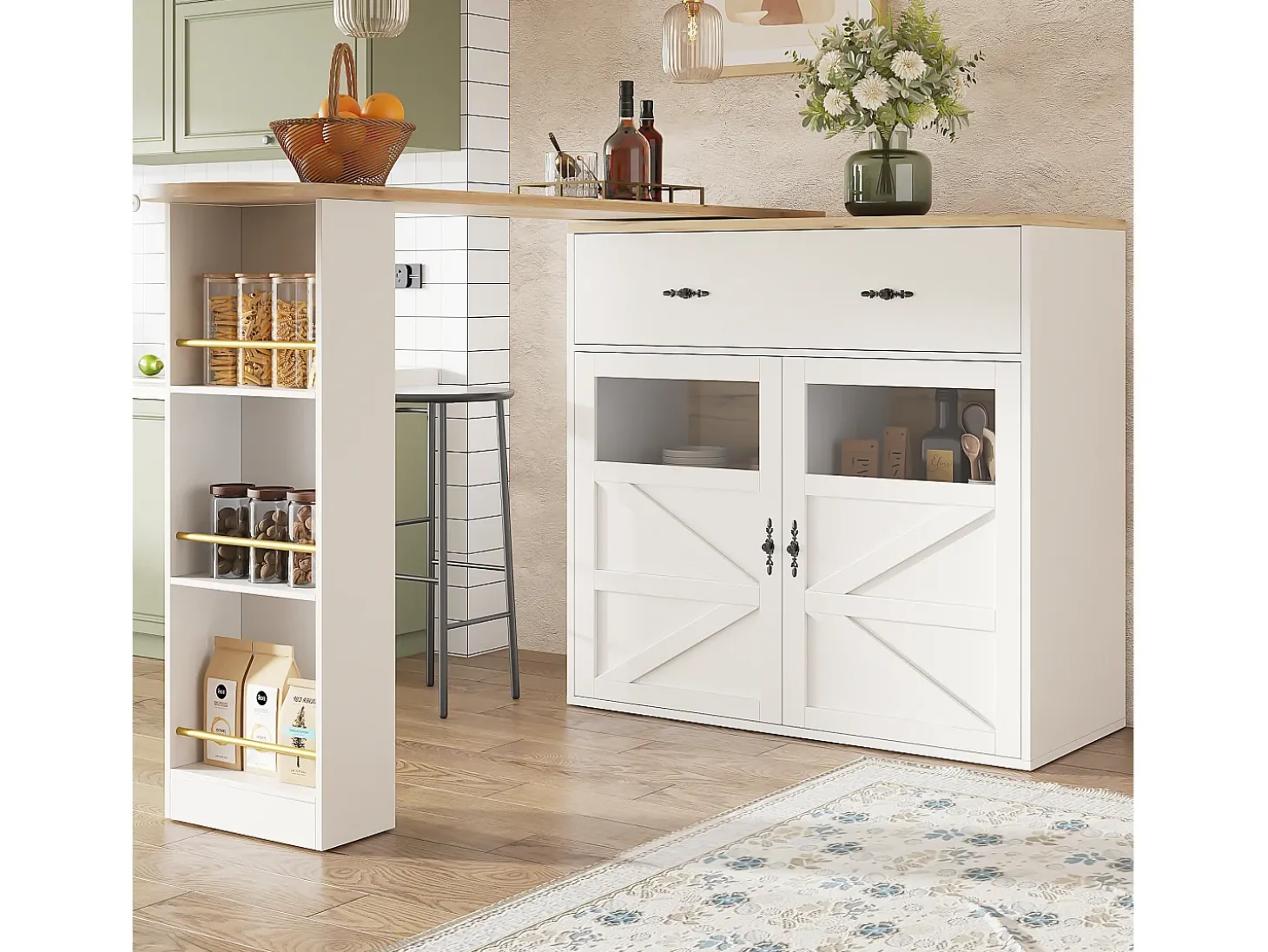 Móvel bar giratório com 1 gaveta larga e 2 portas, prateleira lateral de três níveis incluída, branco - 204x39x104cm