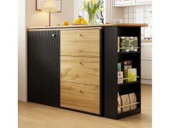 Móvel bar giratório com 1 porta e 3 gavetas, prateleira lateral de três níveis incluída, preto e natural claro - 204x39x104cm