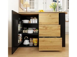 Móvel bar giratório com 1 porta e 3 gavetas, prateleira lateral de três níveis incluída, preto e natural claro - 204x39x104cm