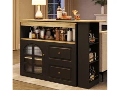 Móvel bar giratório com 1 porta de vidro, 1 nicho e 2 gavetas, corpo preto, prateleiras incluídas - 204x39x104cm