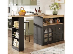 Móvel bar giratório com 1 porta de vidro, 1 nicho e 2 gavetas, corpo preto, prateleiras incluídas - 204x39x104cm