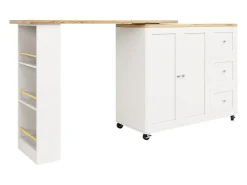 Móvel bar giratório com rodízios, 2 portas, 3 gavetas e prateleiras, tampo em folheado de madeira natural clara, corpo branco - 209x39x106cm