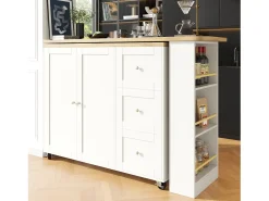 Móvel bar giratório com rodízios, 2 portas, 3 gavetas e prateleiras, tampo em folheado de madeira natural clara, corpo branco - 209x39x106cm
