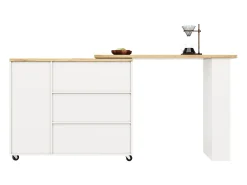 Móvel bar giratório com rodízios, 2 portas, 3 gavetas e prateleiras, tampo em folheado de madeira natural clara, corpo branco - 209x39x106cm