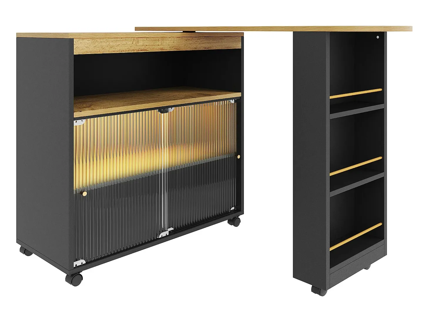 Móvel bar giratório sobre rodas com 2 portas de correr em vidro, 1 nicho e prateleiras, LED incluído, MDF, preto - 138x39x105cm