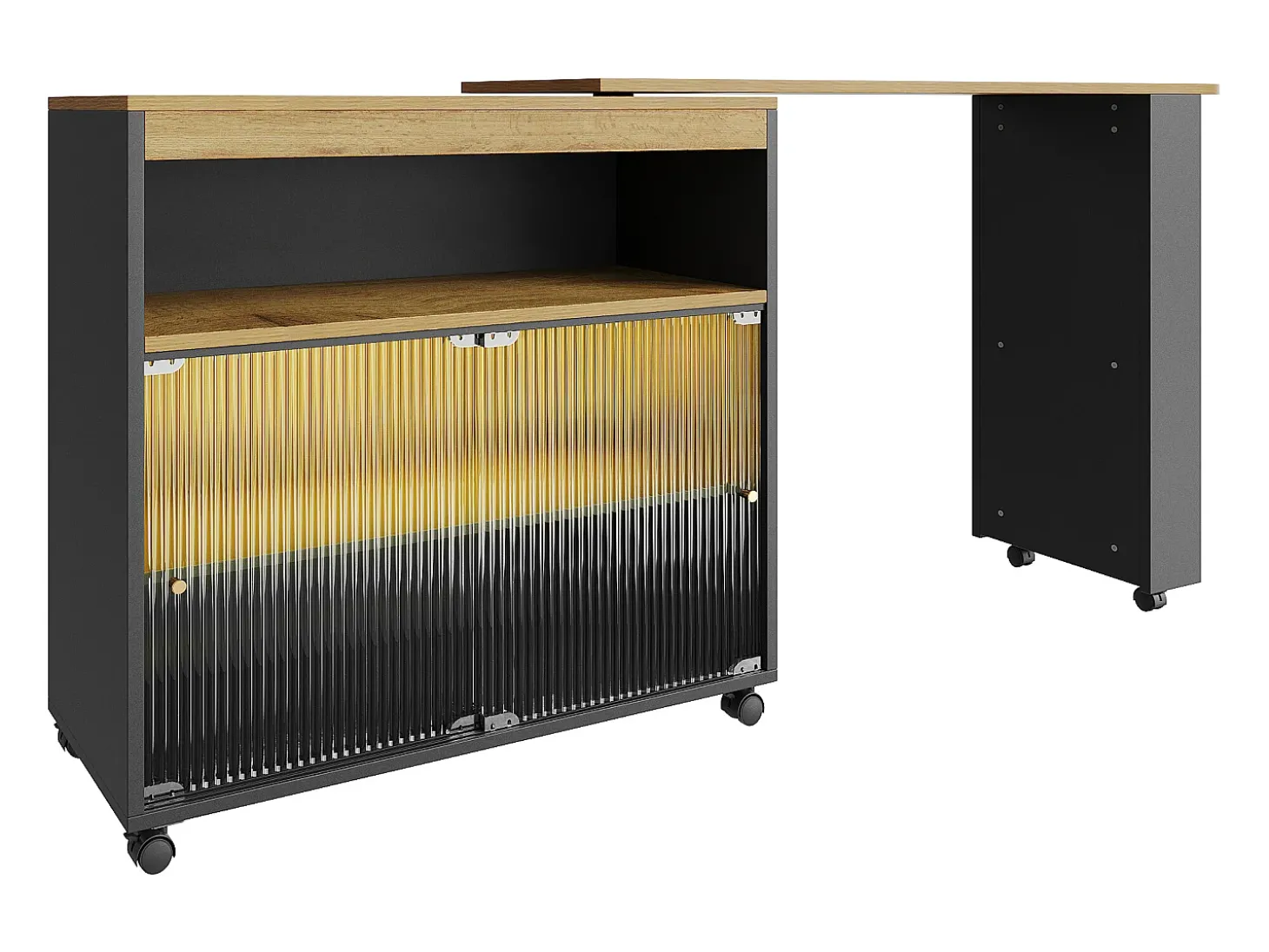 Móvel bar giratório sobre rodas com 2 portas de correr em vidro, 1 nicho e prateleiras, LED incluído, MDF, preto - 138x39x105cm