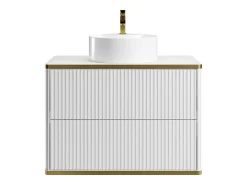 Móvel casa banho estriado branco debruado dourado lavatório de pousar redondo 80 cm KELIZA