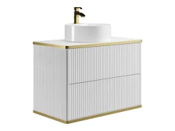 Móvel casa banho estriado branco debruado dourado lavatório de pousar redondo 80 cm KELIZA