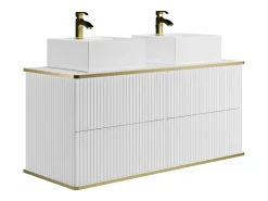 Móvel casa de banho estriado branco debruado dourado, lavatório duplo pousar 120 cm KELIZA