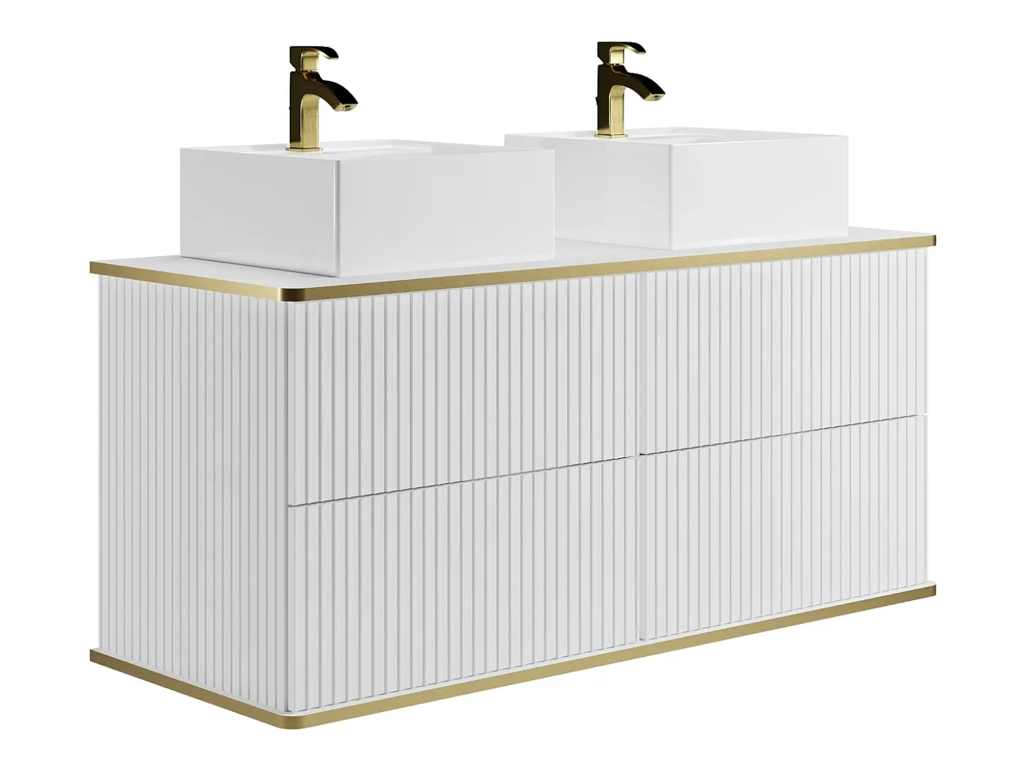 Móvel casa de banho estriado branco debruado dourado, lavatório duplo pousar 120 cm KELIZA