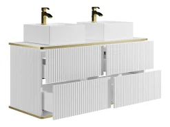 Móvel casa de banho estriado branco debruado dourado, lavatório duplo pousar 120 cm KELIZA