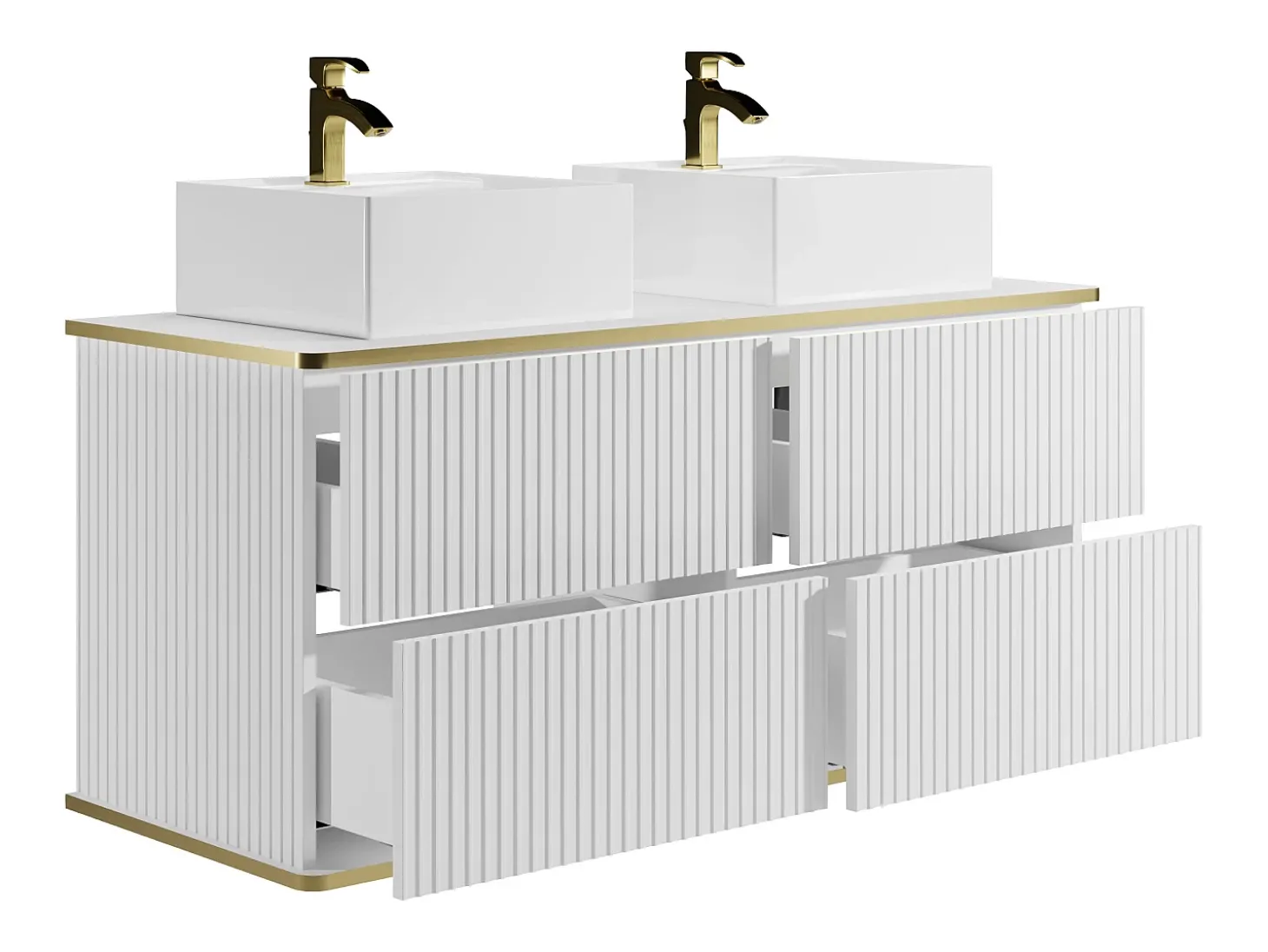 Móvel casa de banho estriado branco debruado dourado, lavatório duplo pousar 120 cm KELIZA