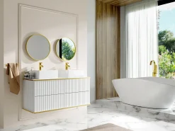 Móvel casa de banho estriado branco debruado dourado, lavatório duplo pousar 120 cm KELIZA