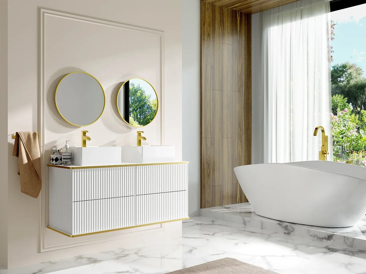 Móvel casa de banho estriado branco debruado dourado, lavatório duplo pousar 120 cm KELIZA
