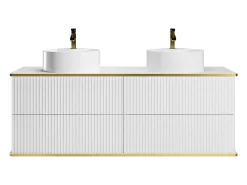 Móvel casa de banho estriado branco debruado dourado, lavatório duplo pousar 150 cm KELIZA