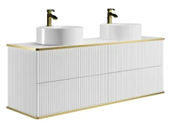 Móvel casa de banho estriado branco debruado dourado, lavatório duplo pousar 150 cm KELIZA