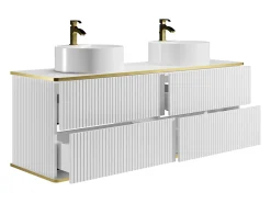 Móvel casa de banho estriado branco debruado dourado, lavatório duplo pousar 150 cm KELIZA