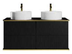 Móvel casa de banho estriado preto debruado dourado, lavatório duplo pousar 120 cm KELIZA