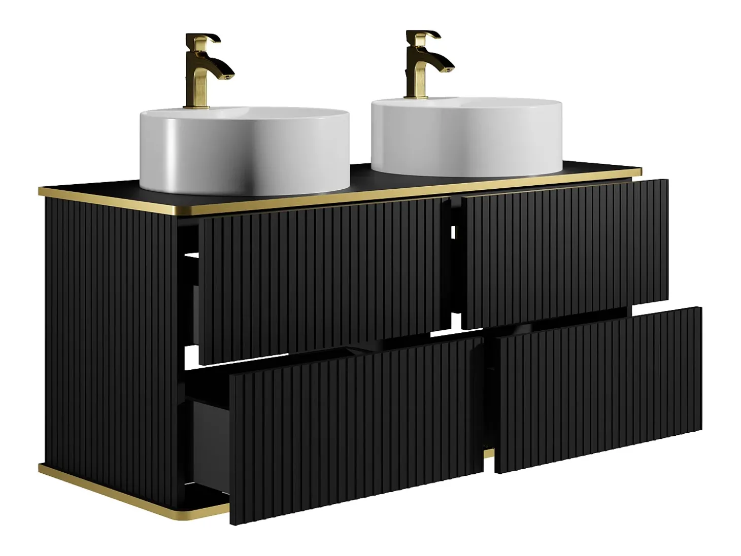 Móvel casa de banho estriado preto debruado dourado, lavatório duplo pousar 120 cm KELIZA