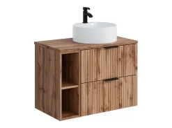 Móvel casa de banho estriado natural claro com nichos e lavatório de pousar 80 cm ZEVARA