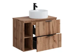 Móvel casa de banho estriado natural claro com nichos e lavatório de pousar 80 cm ZEVARA