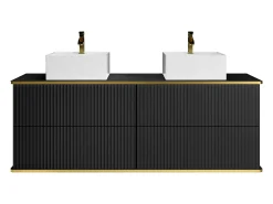 Móvel casa de banho estriado preto borda dourada, lavatório duplo de pousar 150 cm KELIZA