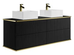 Móvel casa de banho estriado preto borda dourada, lavatório duplo de pousar 150 cm KELIZA